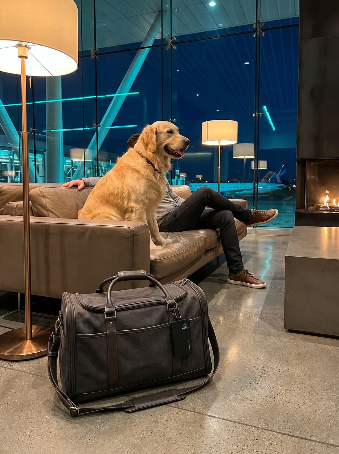 Tutor com o cachorro e a bolsa de transporte monitorada pelo EYE BAG