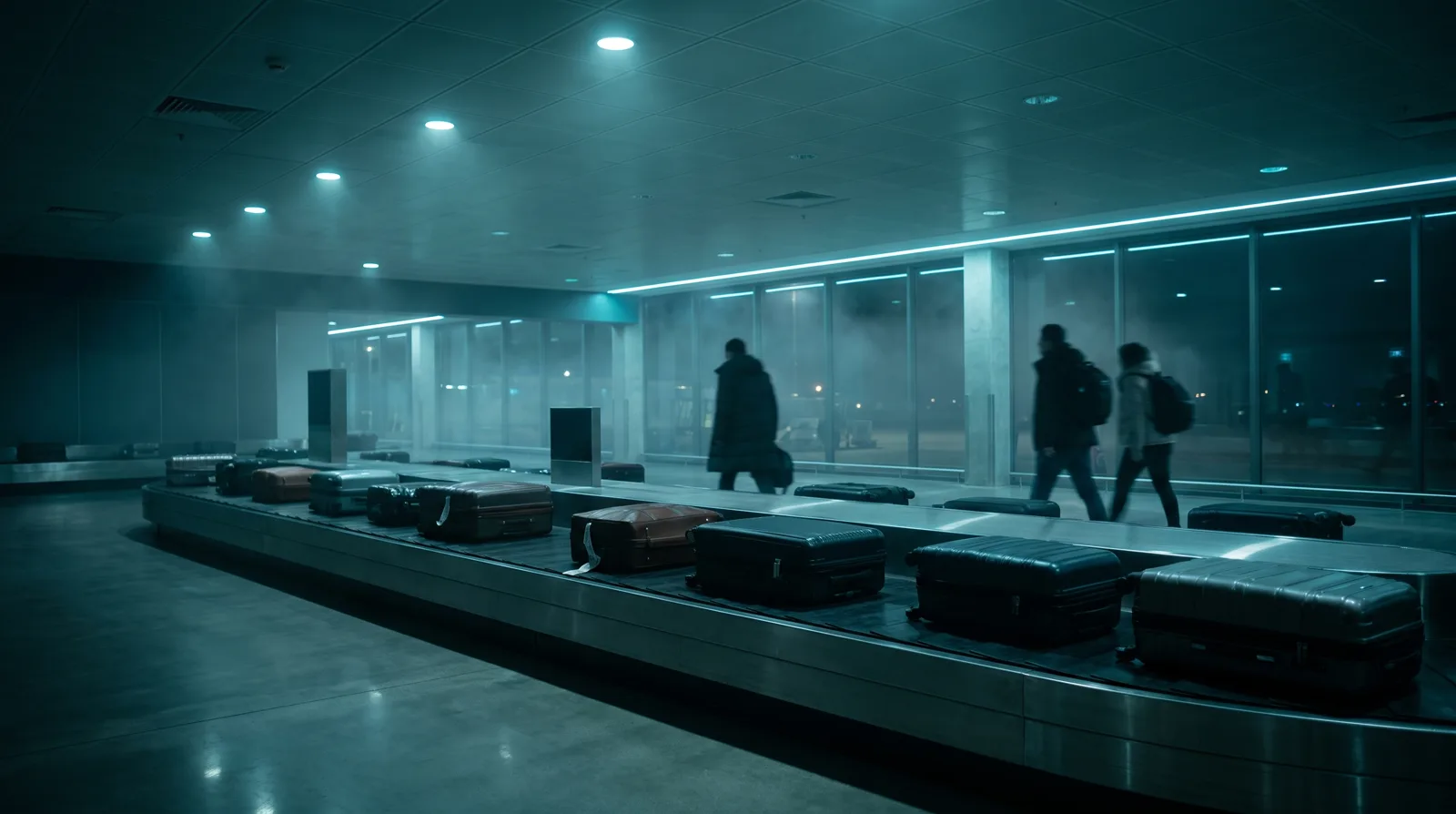 Esteira de bagagens em um terminal de aeroporto à noite